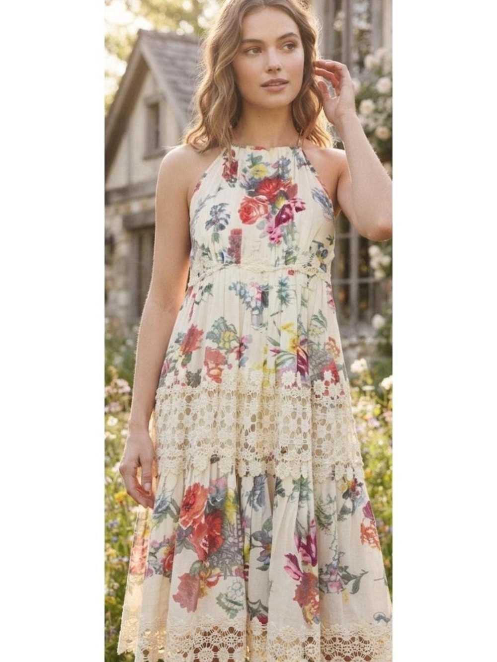 Ranna Gil Floral Crochet Tiered Dress - Cream with Multicolor Blooms